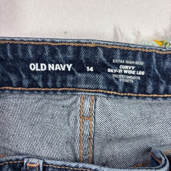 Old Navy Jeans Painted Mod Retro 70s Flower Blue Green High Rise Curvy Wide Leg - Picture 12 of 12